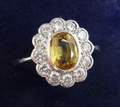 fig 2. Stunning art deco platinum 1.55ct yellow sapphire and 1.20ct diamond vintage antique cluster ring