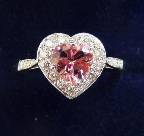 Gorgeous Art Deco Platinum Pink Heart Tourmaline and Diamond Vintage Antique Cluster Ring