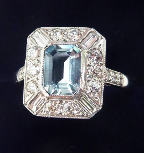 fig 1. Gorgeous platinum art deco 0.70ct emerald cut aquamarine and diamond vintage antique ring
