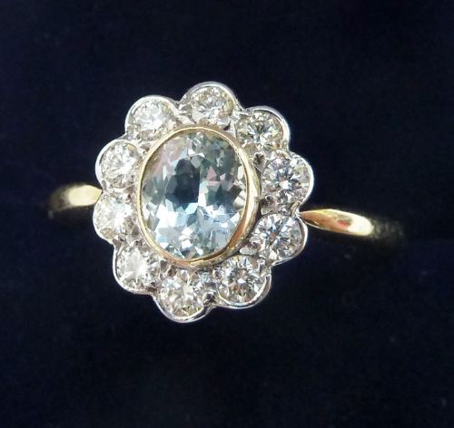fig 1. Beautiful art deco 18ct 18k and white gold 0.60ct oval cut aquamarine and diamond vintage antique ring