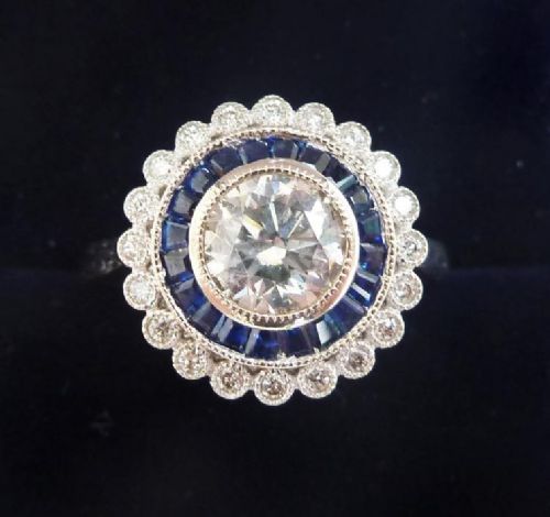 Gorgeous Art Deco Platinum 1.20ct Diamond and Baguette Sapphire Vintage Antique Target Ring