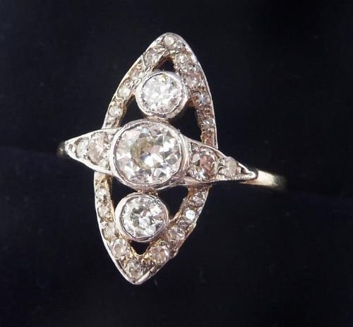 fig 1. Beautiful edwardian 15ct and 18ct 18k white gold diamond vintage antique marquise navette ring