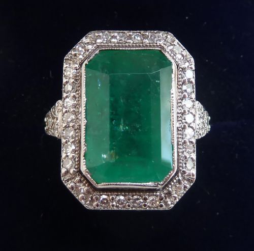 Fabulous art deco elongated 18ct 18k white gold 6.25ct emerald and diamond vintage antique ring