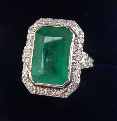fig 1. Fabulous art deco elongated 18ct 18k white gold 6.25ct emerald and diamond vintage antique ring