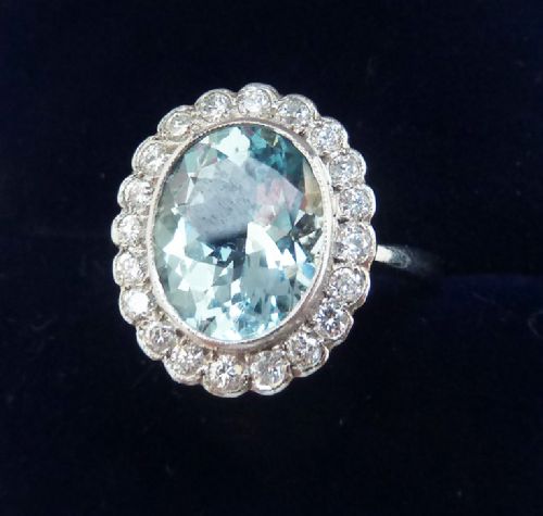 fig 1. Beautiful art deco platinum 2.25ct oval cut aquamarine and diamond vintage antique ring