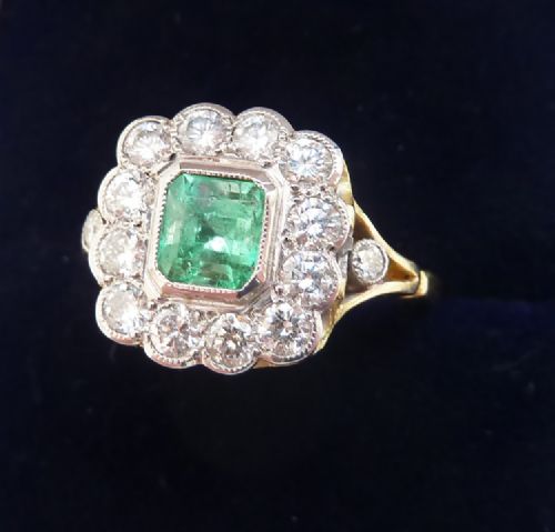 fig 1. Beautiful art deco 18ct and white gold 0.75ct colombian emerald diamond vintage antique ring