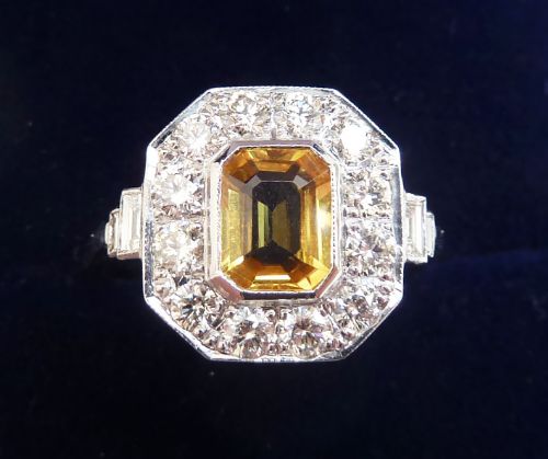 Gorgeous Art Deco Platinum 1ct Yellow Sapphire and Diamond Vintage Antique Ring