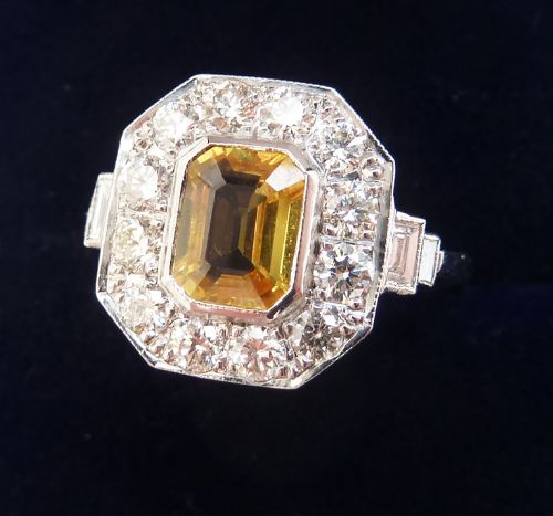 fig 1. Gorgeous art deco platinum 1ct yellow sapphire and diamond vintage antique ring