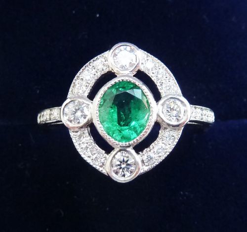 fig 1. Beautiful art deco platinum 0.60ct emerald and diamond vintage antique target ring