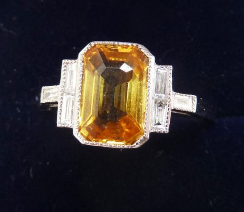 Stunning Art Deco Platinum 2.2ct Emerald Cut Yellow Sapphire and Baguette Diamond Ring