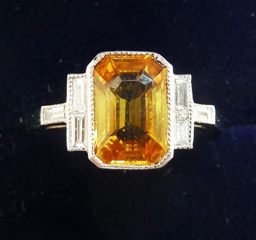 fig 1. Stunning art deco platinum 2.2ct emerald cut yellow sapphire and baguette diamond ring