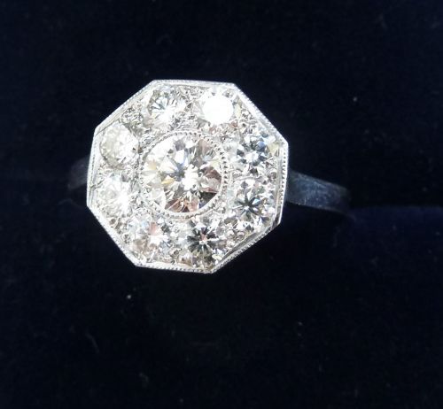 fig 1. Gorgeous art deco platinum 1.04ct diamond vintage antique cluster ring