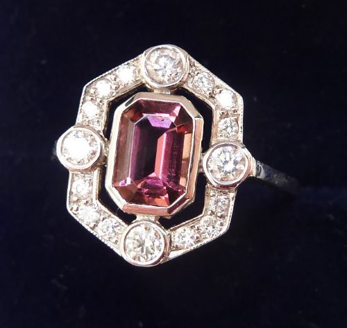fig 1. Gorgeous platinum art deco 1.15ct pink sapphire and diamond vintage antique cluster ring