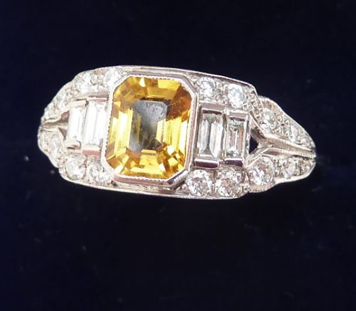 Gorgeous art deco platinum 1ct emerald cut yellow sapphire and baguette diamond vintage antique ring