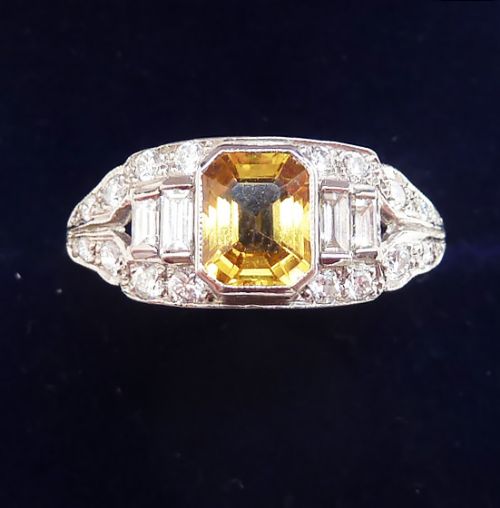 fig 1. Gorgeous art deco platinum 1ct emerald cut yellow sapphire and baguette diamond vintage antique ring