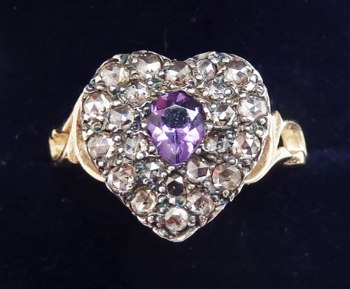 fig 1. Gorgeous victorian 18ct gold and silver rose diamond and amethyst heart ring