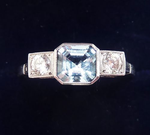 fig 1. Beautiful art deco platinum 0.70ct aquamarine and diamond vintage antique trilogy ring