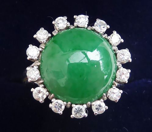 Gorgeous Art Deco 18ct White Gold 4ct Jade and Diamond French Vintage Antique Cluster Ring