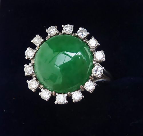 fig 1. Gorgeous art deco 18ct white gold 4ct jade and diamond French vintage antique cluster ring