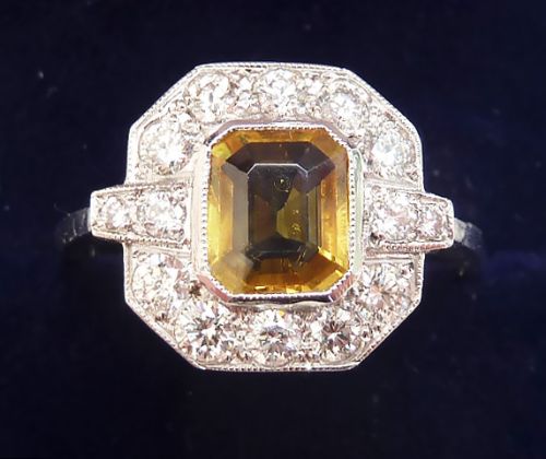 Stunning art deco platinum 1ct yellow sapphire and diamond vintage antique cluster ring