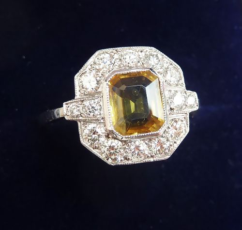 fig 1. Stunning art deco platinum 1ct yellow sapphire and diamond vintage antique cluster ring