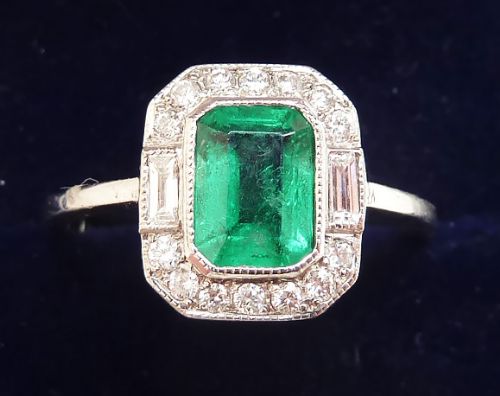 fig 1. Beautiful art deco platinum 0.80ct emerald and baguette diamond vintage antique ring