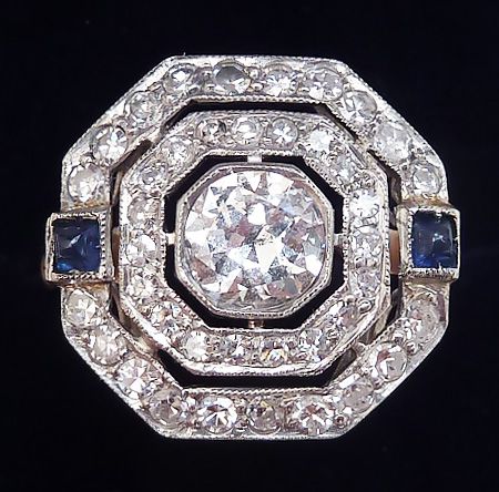 Fabulous Art Deco 18ct Gold Platinum Sapphire and 2.06ct Diamond Vintage Antique Cluster Ring