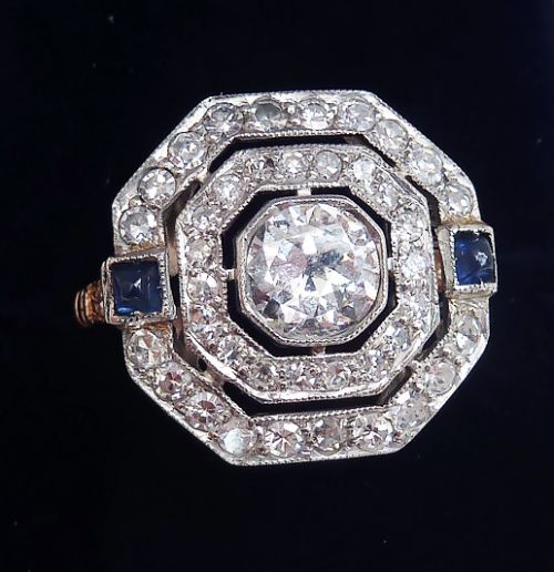 fig 1. Fabulous art deco 18ct gold platinum sapphire and 2.06ct diamond vintage antique cluster ring