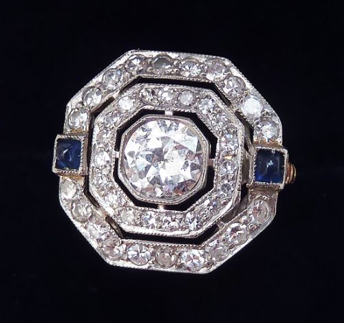 fig 2. Fabulous art deco 18ct gold platinum sapphire and 2.06ct diamond vintage antique cluster ring