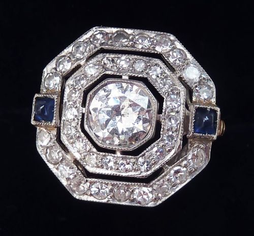 fig 3. Fabulous art deco 18ct gold platinum sapphire and 2.06ct diamond vintage antique cluster ring
