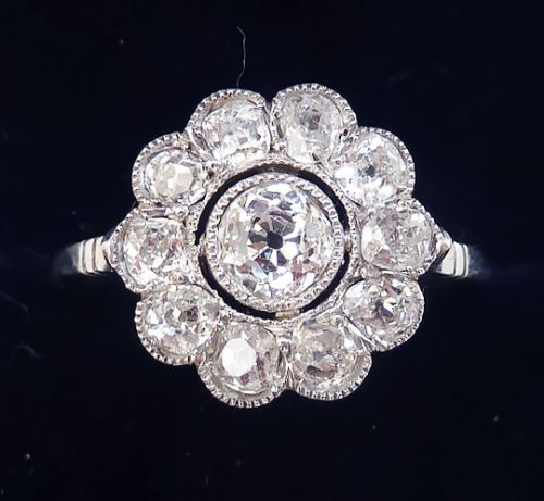 Beautiful art deco platinum 1.40ct old cut diamond daisy vintage antique cluster ring