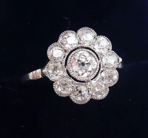 fig 1. Beautiful art deco platinum 1.40ct old cut diamond daisy vintage antique cluster ring
