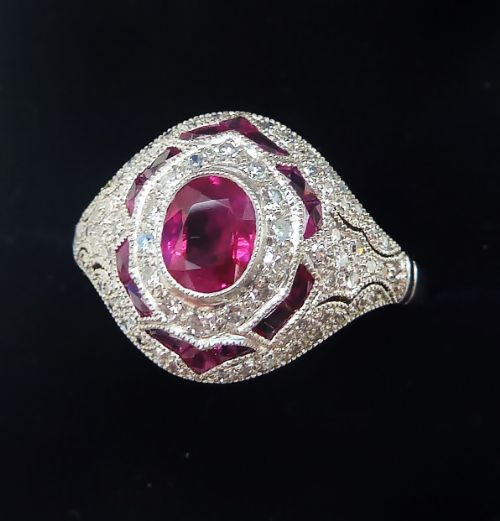 fig 1. Gorgeous art deco 18ct gold ruby and diamond cluster vintage antique boule ring