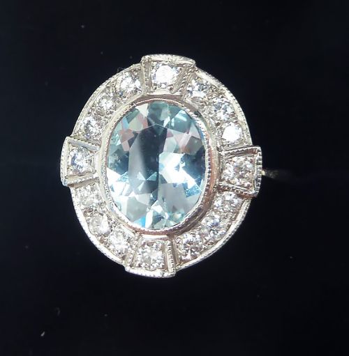 fig 1. Stunning art deco platinum 1.75ct aquamarine and diamond vintage antique cluster ring