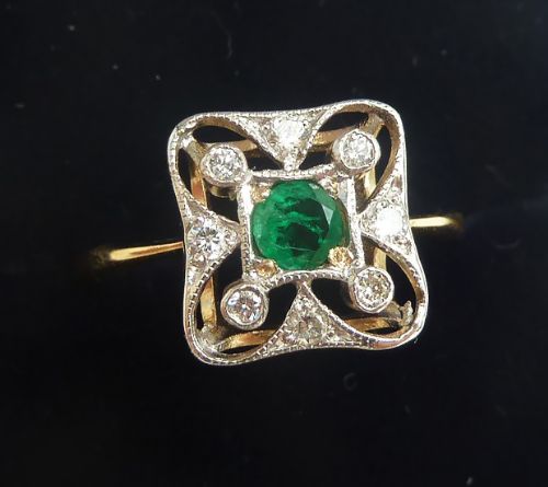 fig 1. Beautiful art deco 18ct and white gold emerald and diamond vintage antique ring