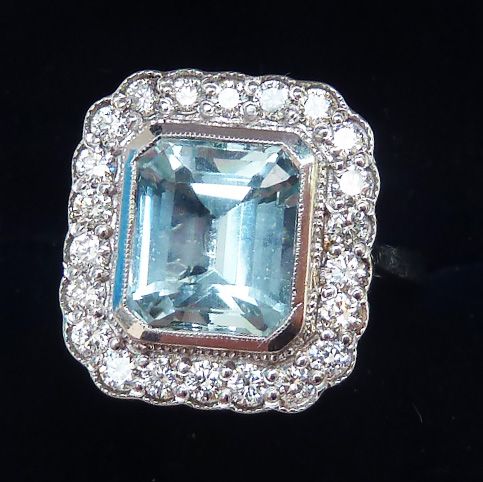 fig 1. Big beautiful art deco 18ct white gold 2.7ct aquamarine and diamond vintage antique cluster ring