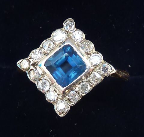 fig 1. Beautiful art deco 18ct white gold 0.75ct sapphire and diamond vintage antique cluster ring