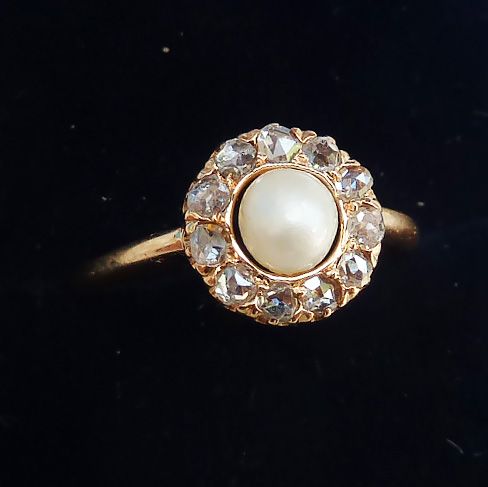 fig 1. Beautiful edwardian 18ct gold natural pearl and rose cut diamond vintage antique cluster ring
