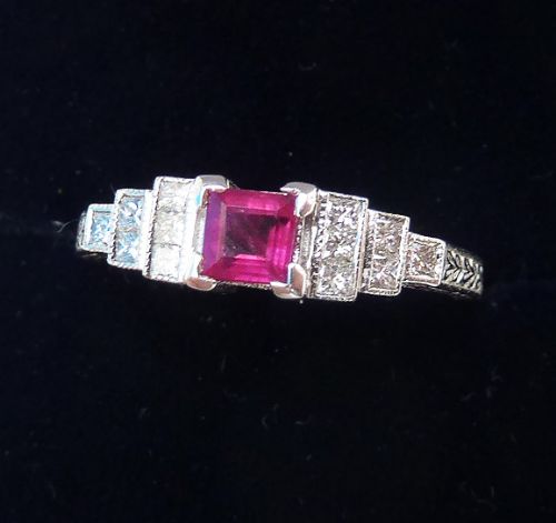 fig 1. Beautiful art deco 18ct white gold 0.25ct ruby and diamond vintage antique ring