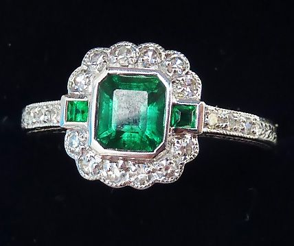 fig 1. Beautiful art deco 18ct white gold 0.68ct emerald and diamond vintage antique ring