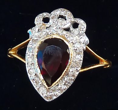 fig 1. Gorgeous edwardian 18ct and white gold pear cut garnet and diamond vintage antique crown ring