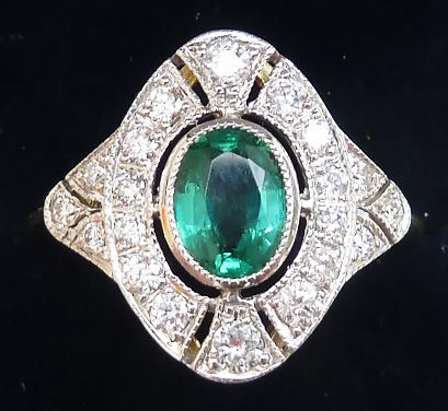 Beautiful Art Deco 18ct Gold and White Gold 0.90ct Emerald Diamond Vintage Antique Cluster Ring