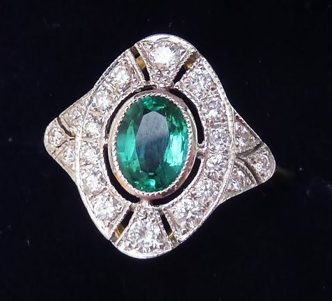 fig 1. Beautiful art deco 18ct gold and white gold 0.90ct emerald diamond vintage antique cluster ring