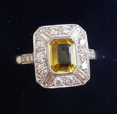 fig 1. Stunning art deco platinum 1ct yellow sapphire and diamond vintage antique cluster ring
