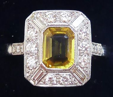 Stunning Art Deco Platinum 1ct Yellow Sapphire and Diamond Vintage Antique Cluster Ring
