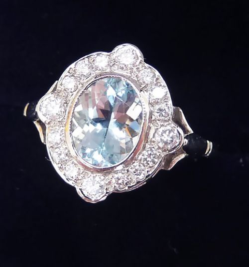 fig 1. Beautiful art deco platinum 0.95ct oval cut aquamarine and diamond vintage antique cluster ring