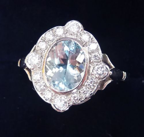 fig 2. Beautiful art deco platinum 0.95ct oval cut aquamarine and diamond vintage antique cluster ring