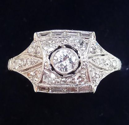 Beautiful Art Deco Platinum 0.66ct Diamond and Baguette Vintage Antique Cluster Engagement Ring