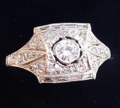 fig 1. Beautiful art deco platinum 0.66ct diamond and baguette vintage antique cluster engagement ring