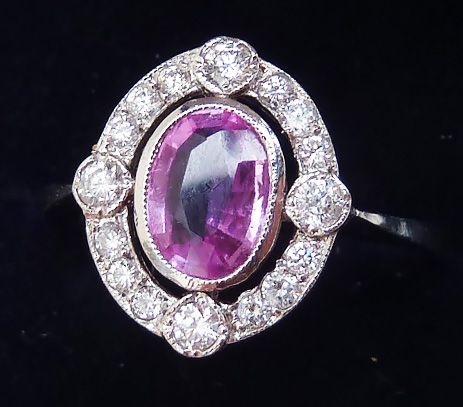 fig 1. Gorgeous art deco platinum pink sapphire and diamond vintage antique cluster ring